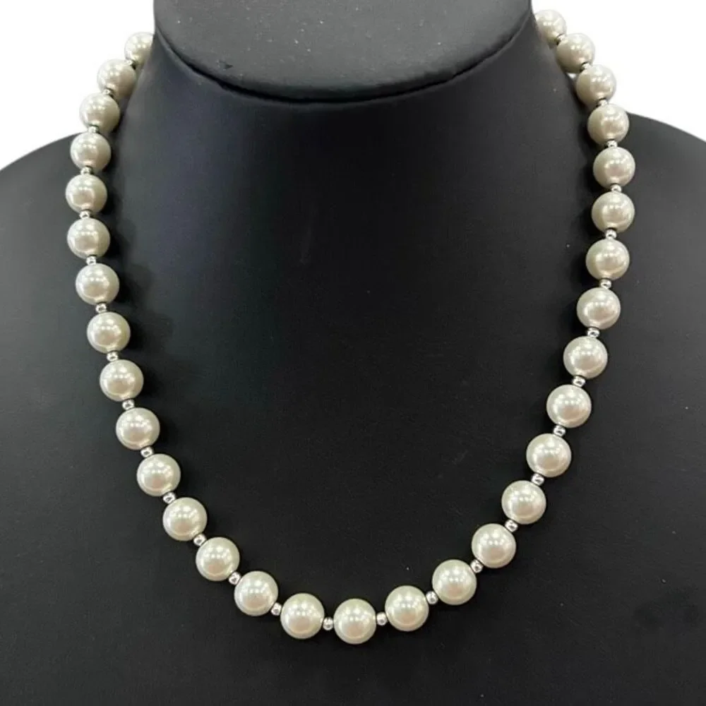 Stunning Faux Pearl Necklace Silver Tone Spacer Beads Lovely Luster New Clasp